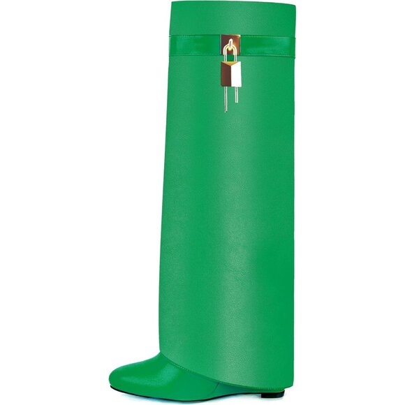 Women Faux Leather Green Pull-on Wedge Heel Knee Shark Padlock Design Boot - Picture 5 of 5